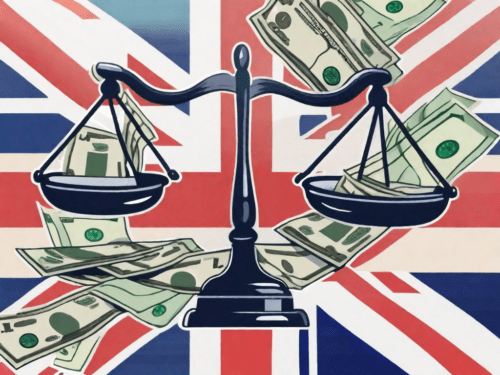 A pair of scales balancing a uk flag on one side and a bundle of cash on the other